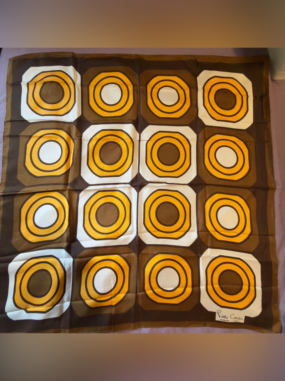 VTG Pierre Cardin Silk Scarf in Yellow, Brown, Cream